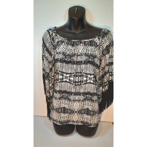 Karlie Womens Black and White Top, 3/4 Fringe Sleeve S Chico